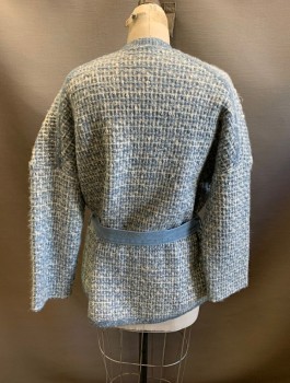 MAJE, Baby Blue, White, Silver, Cotton, Acrylic, Knit, V-N, Single Breasted, Button Front, L/S, 2 Pockets, with Denim Belt