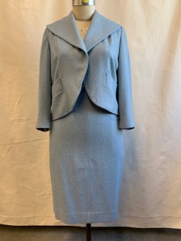 Womens, 1960s Vintage, Suit, Jacket, MTO, Lt Blue, White, Wool, Heathered, B 40, Oversized Shawl Collar, 2 Pockets, Open Front, Long Sleeves, Button Tabs at Back Waist