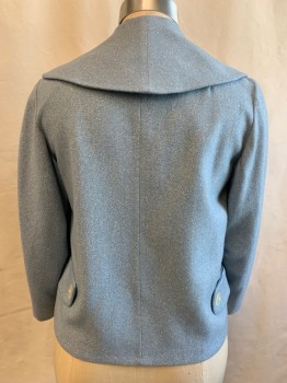 Womens, 1960s Vintage, Suit, Jacket, MTO, Lt Blue, White, Wool, Heathered, B 40, Oversized Shawl Collar, 2 Pockets, Open Front, Long Sleeves, Button Tabs at Back Waist