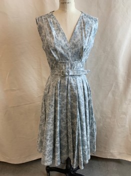 Womens, Dress, Piece 1, HEART OF HAUTE, Lt Gray, French Blue, Silver, Cotton, Floral, S, DRESS, Sleeveless, Pleated at Shoulders, V-neck, Pleated Skirt, Side Zipper