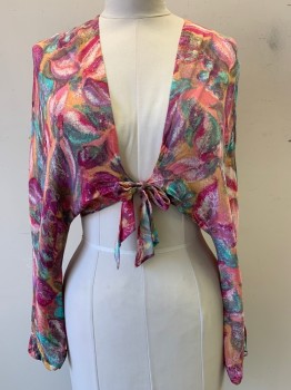 Womens, 1970s Vintage, Piece 2, NO LABEL, Pink, Orange, Magenta Pink, Turquoise Blue, Purple, Polyester, Abstract , W34, B36, Cover Up Jacket, L/S, Front Tie