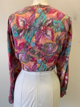 Womens, 1970s Vintage, Piece 2, NO LABEL, Pink, Orange, Magenta Pink, Turquoise Blue, Purple, Polyester, Abstract , W34, B36, Cover Up Jacket, L/S, Front Tie