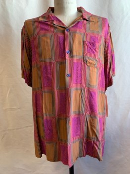 Mens, Casual Shirt, OAS, Magenta Pink, Purple, Green, Red-Orange, Viscose, Abstract , XXL, Psychedelic Print, Button Front, Collar Attached, 1 Pocket,