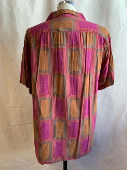 Mens, Casual Shirt, OAS, Magenta Pink, Purple, Green, Red-Orange, Viscose, Abstract , XXL, Psychedelic Print, Button Front, Collar Attached, 1 Pocket,