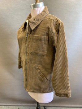 GREEN DOG, Brown, Cotton, Polyester, Solid, Corduroy, Zip Front, Cream Fleece Lining, Collar Attached, 3 Pockets