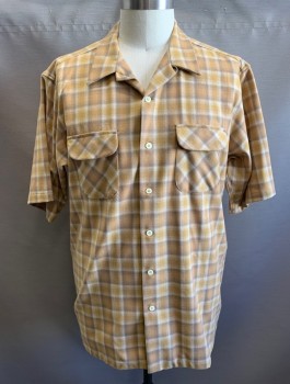 Mens, Casual Shirt, PENDLETON, Dijon Yellow, Taupe, White, Wool, Plaid, XXL T, Short Sleeves, Button Front, Collar Attached, 2 Patch Pockets