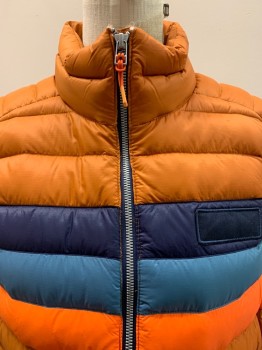 COTOPAXI, Pumpkin Spice Orange, Navy Blue, French Blue, Orange, Polyester, Zip Front, Stand Collar, Side Zip Pockets, Puffer/Quilted, Navy, French Blue, & Orange Horizontal Stripe At CF& CB