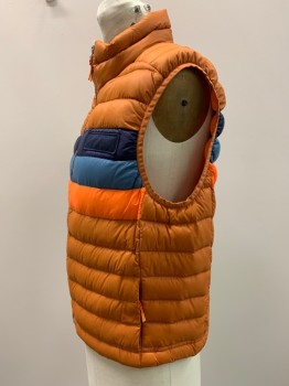 COTOPAXI, Pumpkin Spice Orange, Navy Blue, French Blue, Orange, Polyester, Zip Front, Stand Collar, Side Zip Pockets, Puffer/Quilted, Navy, French Blue, & Orange Horizontal Stripe At CF& CB