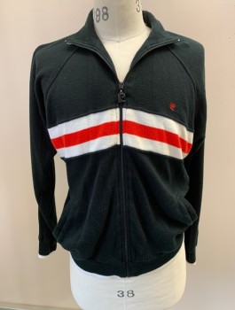 Mens, Jacket, PIERRE CARDIN, Black, White, Red, Polyester, Color Blocking, Solid, M, Track Suit Jacket, Zip Front, Knit Chest Band, Knit Cuffs/ Waistband, 2 Pckts, White Piping Down Raglan Sleeves