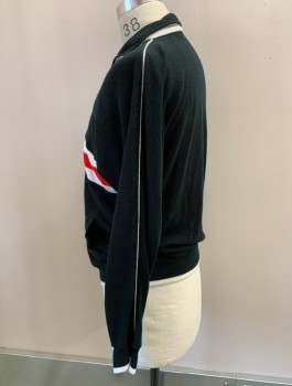 PIERRE CARDIN, Black, White, Red, Polyester, Color Blocking, Solid, Track Suit Jacket, Zip Front, Knit Chest Band, Knit Cuffs/ Waistband, 2 Pckts, White Piping Down Raglan Sleeves
