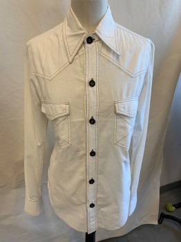 Mens, Western Shirt, LOTHARS, White, Cotton, Solid, C 36, L/S, Pointed Collar, Button Front, 2 Patch Pockets, Western Yoke, Brown Stitching,