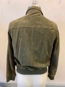 Mens, Leather Jacket, BROOKS BROTHERS, Olive Green, Suede, Solid, 40, M, Snap & Zip Front, 2 Pockets, Rib Knit Cuffs & Waistband