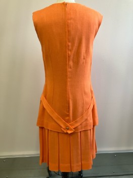 N/L, Orange, Solid, CN, Sleeveless, Faux Side Flap Pockets,  BackHip Band, Pleated Skirt, Back Zip