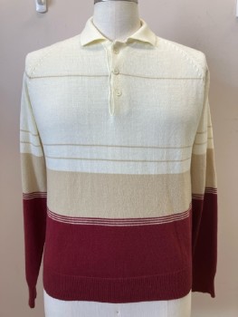 Mens, Sweater, JC PENNEY, L, Cream, Horizontal Stripes, C.A., 3 Button Plackets, L/S, Knit