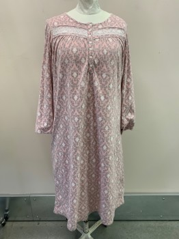 CHARTER CLUB, Lt Pink, Gray, Polyester, Print, Round Neck, L/S, 7 Buttons Down Bust, White Lace Trim On Bust, White Details All Around