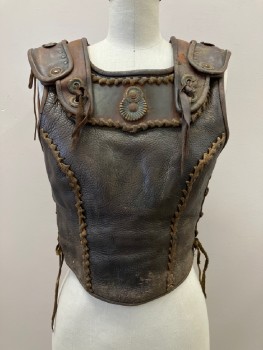 Mens, Breastplate, NO LABEL, Brown, Leather, Metallic/Metal, C: 32, Aged Leather, U Neck, Bronze Metal Studs And Plates, Side Grommets For Lacing, Stitching Detail, Made To Order