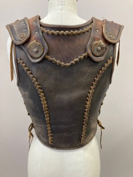 Mens, Breastplate, NO LABEL, Brown, Leather, Metallic/Metal, C: 32, Aged Leather, U Neck, Bronze Metal Studs And Plates, Side Grommets For Lacing, Stitching Detail, Made To Order