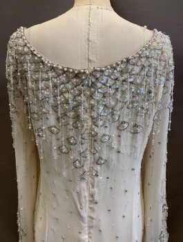 N/L, White, Clear, Silver, Silk, Beaded, Fish Scales, Dots, Chiffon with Beaded Detail, Hanging Beaded Fringe, Long Sleeves, Scoop Neck, Shift Dress, Hem Mini,  Invisible Zipper in Back