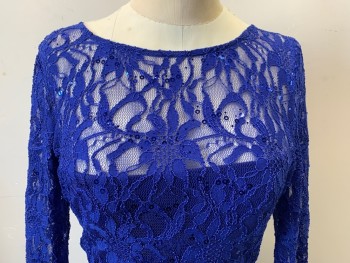 JS COLLECTION, Royal Blue, Nylon, Polyester, Floral, Long Sleeves, Center Back Zipper, Sequins, Lace,
