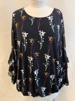 Womens, Top, ALFANI, Black, White, Goldenrod Yellow, Purple, Polyester, Spandex, Floral, 2X, Chiffon, Scoop Neck, Bell Sleeve with 2 Ruffle Cuff, Elastic Gathered Waist Attached to Solid Black Camisole