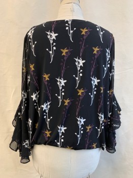 Womens, Top, ALFANI, Black, White, Goldenrod Yellow, Purple, Polyester, Spandex, Floral, 2X, Chiffon, Scoop Neck, Bell Sleeve with 2 Ruffle Cuff, Elastic Gathered Waist Attached to Solid Black Camisole