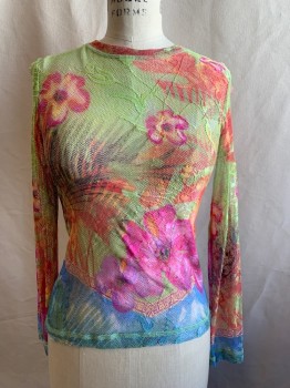 Womens, Top, N/L, Neon Green, Fuchsia Pink, Blue, Red, Orange, Synthetic, Floral, M, Mesh, Crew Neck, Long Sleeves