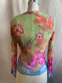 Womens, Top, N/L, Neon Green, Fuchsia Pink, Blue, Red, Orange, Synthetic, Floral, M, Mesh, Crew Neck, Long Sleeves