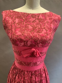 Maggi Stover, Hot Pink, Pink, Brown, Polyester, Cotton, Floral, Sleeveless, Boat Neck, 3 Pink Band with Center Front Bow and 3 Back Bows, Pleated, Back Zipper,
