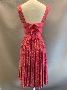 Maggi Stover, Hot Pink, Pink, Brown, Polyester, Cotton, Floral, Sleeveless, Boat Neck, 3 Pink Band with Center Front Bow and 3 Back Bows, Pleated, Back Zipper,