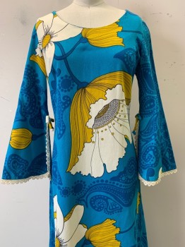 ISLANDS CASUAL, Blue, Turquoise Blue, Mustard Yellow, Ivory White, Black, Cotton, Polyester, Floral, L/S, Round Neck, Bell Sleeves with Slit and Crochet Trim, Back Zipper,
