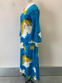 Womens, Evening Gown, ISLANDS CASUAL, Blue, Turquoise Blue, Mustard Yellow, Ivory White, Black, Cotton, Polyester, Floral, W28, B32, L/S, Round Neck, Bell Sleeves with Slit and Crochet Trim, Back Zipper,