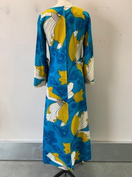 Womens, Evening Gown, ISLANDS CASUAL, Blue, Turquoise Blue, Mustard Yellow, Ivory White, Black, Cotton, Polyester, Floral, W28, B32, L/S, Round Neck, Bell Sleeves with Slit and Crochet Trim, Back Zipper,