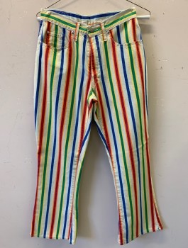 Womens, Pants, Chipie, Sand, Blue, Green, Red, Yellow, Cotton, Stripes - Vertical , 28, 28, Zip Fly, 5 Pockets, Belt Loops, Silver Hardware Marked "Chipie"