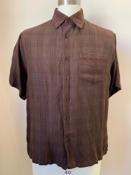 Mens, Casual Shirt, HAVANERA, Brown, Lt Brown, Ramie, Rayon, Plaid, L, S/S, Button Front, Collar Attached, Chest Pocket