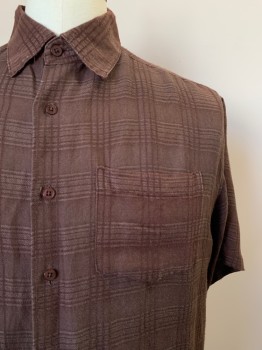 HAVANERA, Brown, Lt Brown, Ramie, Rayon, Plaid, S/S, Button Front, Collar Attached, Chest Pocket