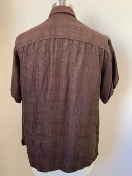 HAVANERA, Brown, Lt Brown, Ramie, Rayon, Plaid, S/S, Button Front, Collar Attached, Chest Pocket