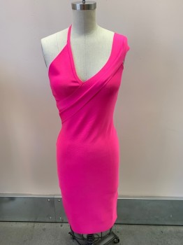 NL, Hot Pink, Polyester, Spandex, V-N, One Thin Strap, One Wide Strap, Diagonal Pleat From Left Shoulder To Under Right Bust, Body Con, Hem Below Knee, Slit At Back