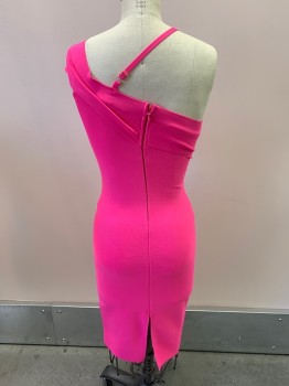 NL, Hot Pink, Polyester, Spandex, V-N, One Thin Strap, One Wide Strap, Diagonal Pleat From Left Shoulder To Under Right Bust, Body Con, Hem Below Knee, Slit At Back
