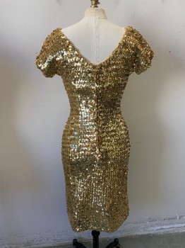 NL, Gold, Nylon, Synthetic, All Over Sequins, Boat Neck Line, Cap Sleeves, Body-Con, Zip Back, Hem Below Knee