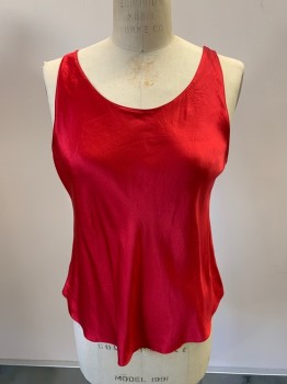 Womens, Shell, SOMI, Cherry Red, Silk, Solid, L, Scoop Neck, Curved Hem