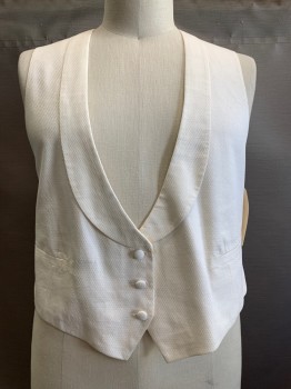 DOMINIC DHERARDI, Cream, Silk, Solid, Self Diamond Pattern, Shawl Collar, 3 Button Front, Welt Pockets, Back Waist Strap Belt, Stained & Aged