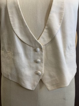 DOMINIC DHERARDI, Cream, Silk, Solid, Self Diamond Pattern, Shawl Collar, 3 Button Front, Welt Pockets, Back Waist Strap Belt, Stained & Aged