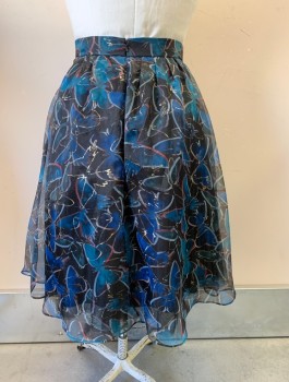 Womens, Skirt, Below Knee, MOULINETTE SOEURS, Teal Blue, Black, Multi-color, Polyester, Insects Print, 14, Zip Back, Black Lining, Teal and Blue Butterflies