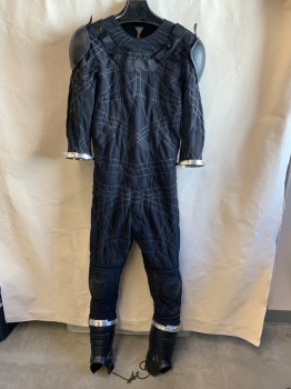 Mens, Jumpsuit, MTO, Black, Gray, Synthetic, Abstract , Stripes, 40, CN, L/S, 2 Zip Back, Foot Cuffs Screw On, Black Rubber Epaulets on Shoulders with Velcro, Black Rubber Knee Guards
