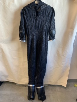 Mens, Jumpsuit, MTO, Black, Gray, Synthetic, Abstract , Stripes, 40, CN, L/S, 2 Zip Back, Foot Cuffs Screw On, Black Rubber Epaulets on Shoulders with Velcro, Black Rubber Knee Guards
