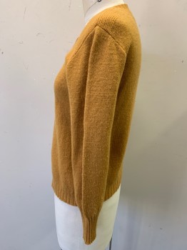 Womens, Sweater, GARLAND, Ochre Brown-Yellow, Wool, Solid, B 32, Cardigan, Button Front, Rib Knit Crew Neck, Cuffs and Waistband, Pearled Shoulders and Back Yoke