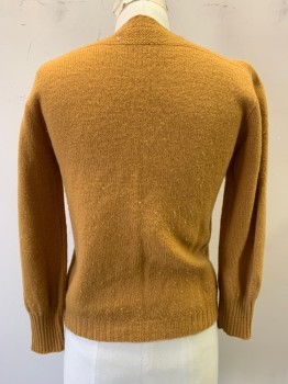 Womens, Sweater, GARLAND, Ochre Brown-Yellow, Wool, Solid, B 32, Cardigan, Button Front, Rib Knit Crew Neck, Cuffs and Waistband, Pearled Shoulders and Back Yoke