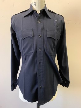Mens, Fire/Police Shirt, LONG BEACH, Navy Blue, Polyester, 33-34, 15.5, Collar Attached, Button Front & Zip Front, Long Sleeves, Epaulets, Bat-Wing Pockets *Missing Buttons on Pockets & Epaulets