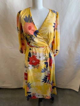 Womens, Dress, Long & 3/4 Sleeve, ELIZA J, Yellow, French Blue, Red, Off White, Pink, Polyester, Floral, 10, Surplice, Self Belt Wast, L/S, Elastic Cuffs, Zip Side, Hem Below Knee