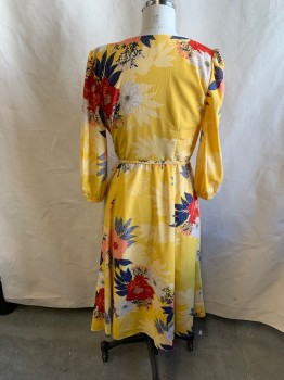Womens, Dress, Long & 3/4 Sleeve, ELIZA J, Yellow, French Blue, Red, Off White, Pink, Polyester, Floral, 10, Surplice, Self Belt Wast, L/S, Elastic Cuffs, Zip Side, Hem Below Knee